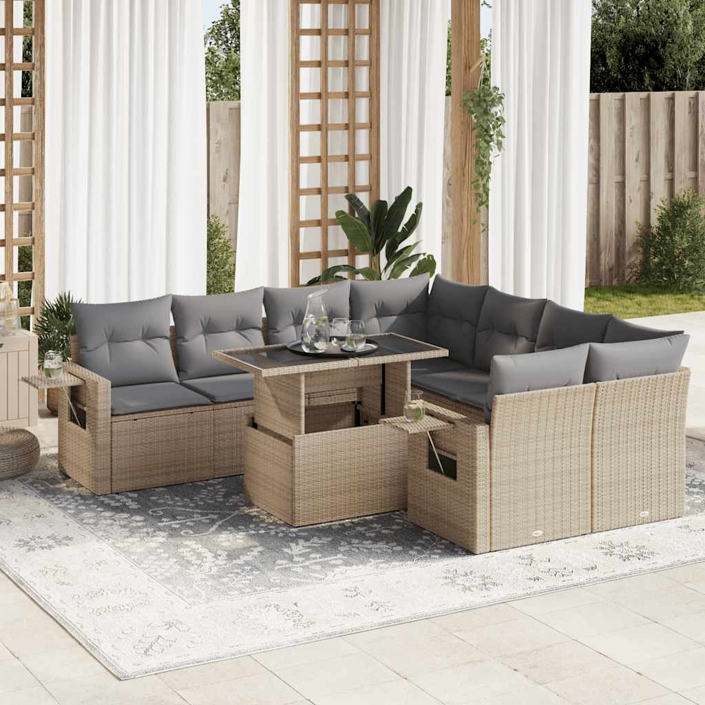 Set De Sofás De Jardín Con Cojines 9 Pzas Ratán Sintético Beige