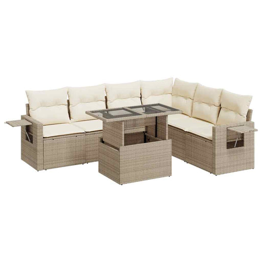 Set Sofás De Jardín 7 Piezas Y Cojines Ratán Sintético Beige