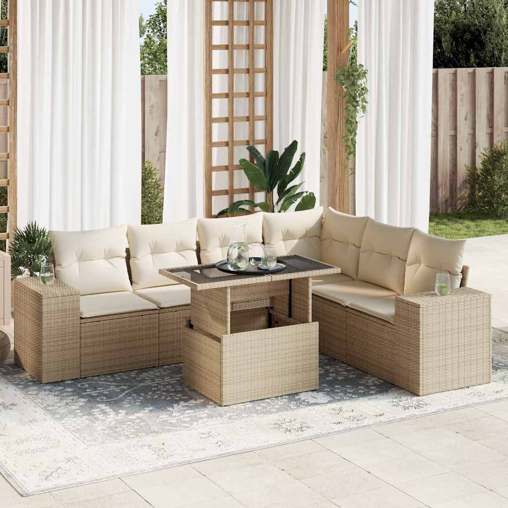 Set Sofás De Jardín 7 Piezas Y Cojines Ratán Sintético Beige