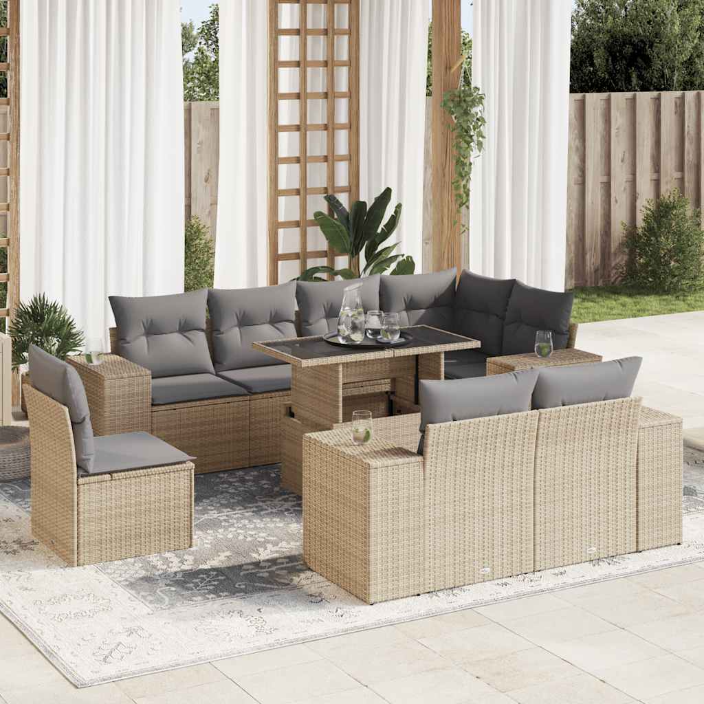 Set De Sofás De Jardín 9 Pzas Y Cojines Ratán Sintético Marrón