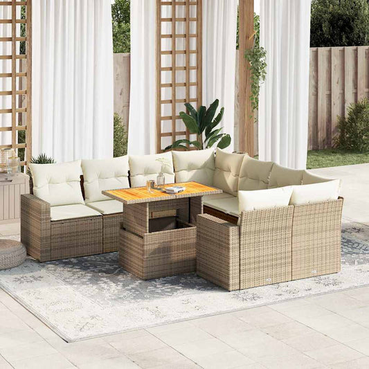 Set De Sofás De Jardín Con Cojines 9 Pzas Ratán Sintético Beige