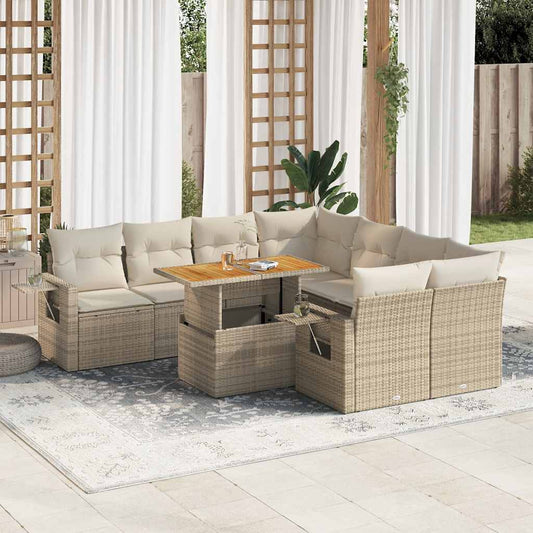 Set De Sofás De Jardín Con Cojines 9 Pzas Ratán Sintético Beige