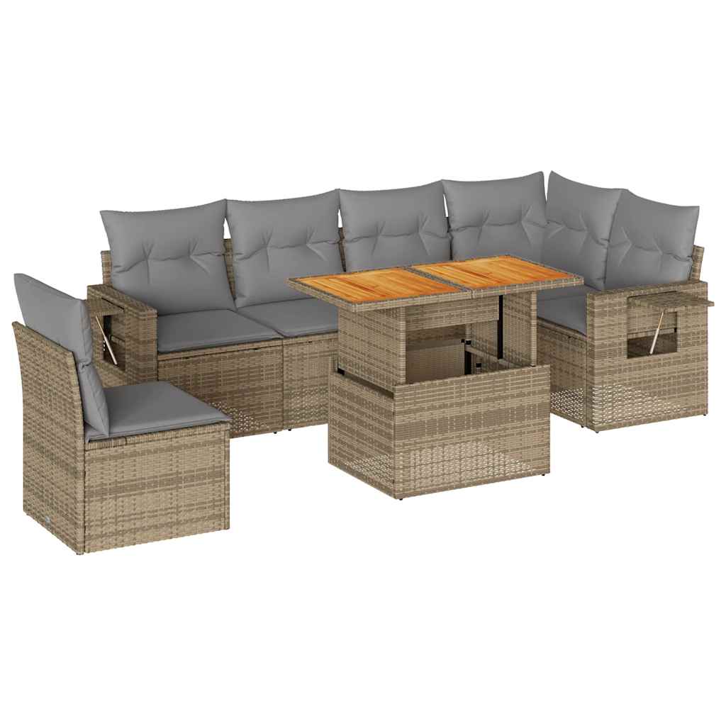 Set Sofás De Jardín 7 Piezas Y Cojines Ratán Sintético Beige