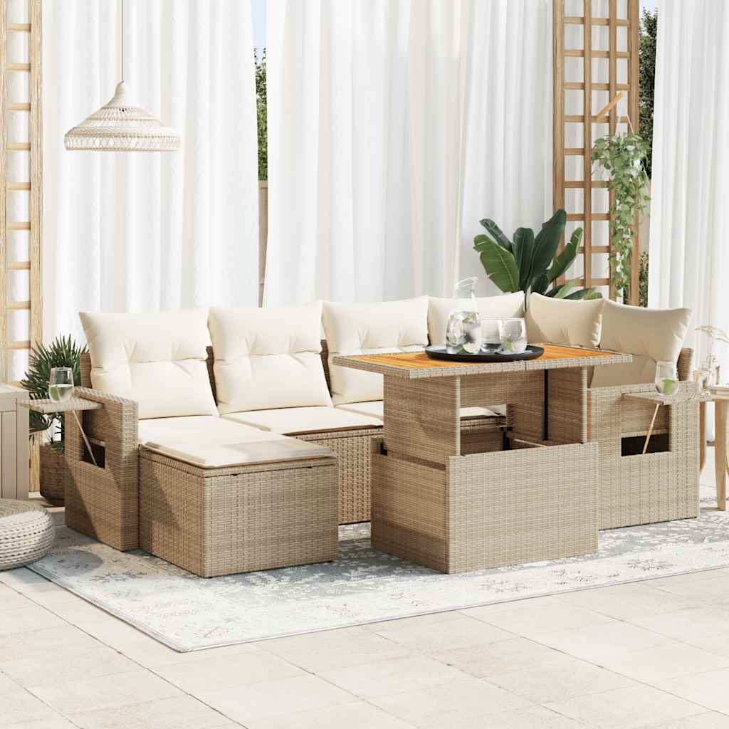Set Sofás De Jardín 7 Piezas Y Cojines Ratán Sintético Beige