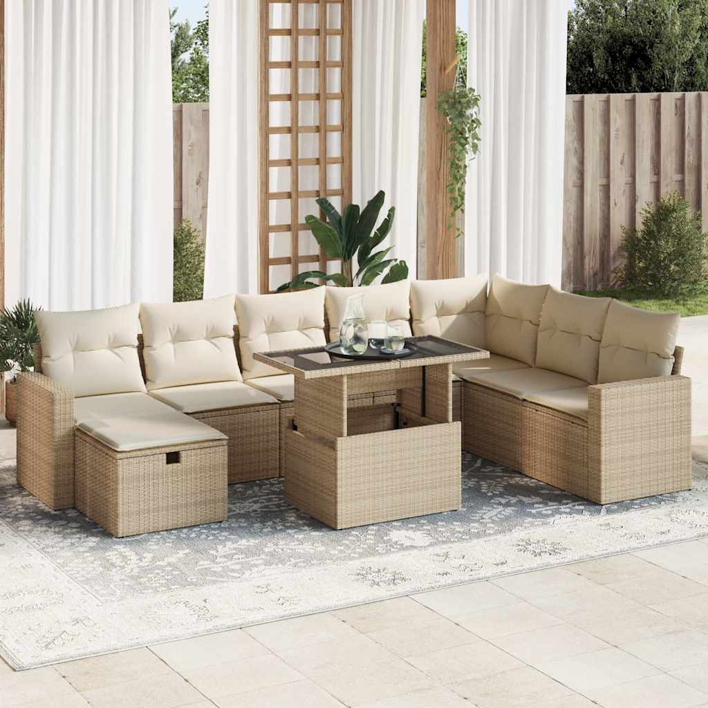 Set De Sofás De Jardín Con Cojines 9 Pzas Ratán Sintético Beige