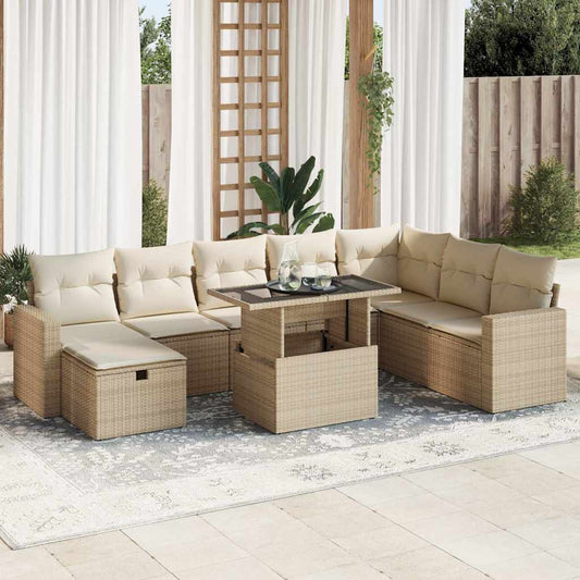 Set De Sofás De Jardín Con Cojines 9 Pzas Ratán Sintético Beige