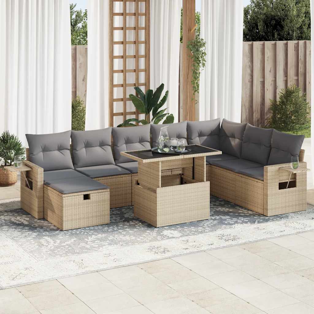 Set De Sofás De Jardín Con Cojines 9 Pzas Ratán Sintético Beige