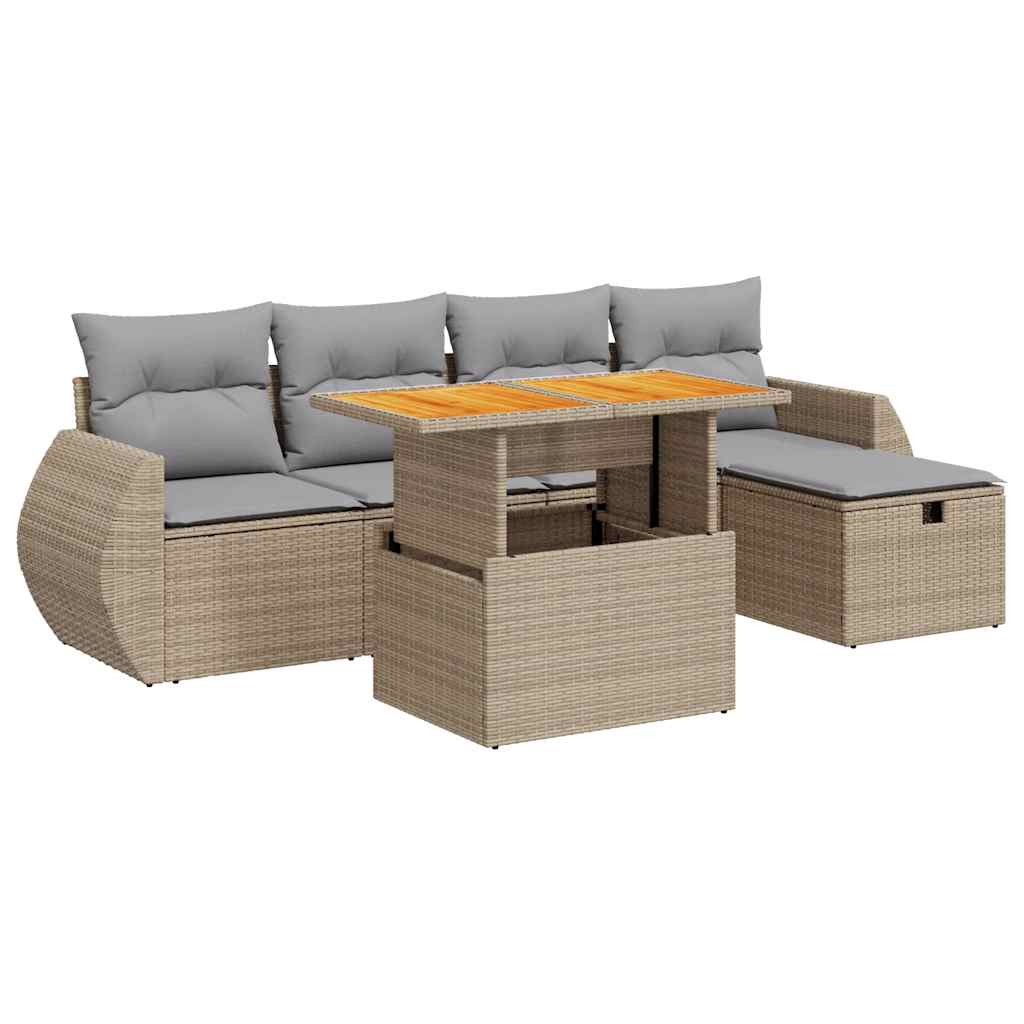 Set Sofás Jardín Y Cojines 6 Pzas Ratán Sintético Acacia Beige