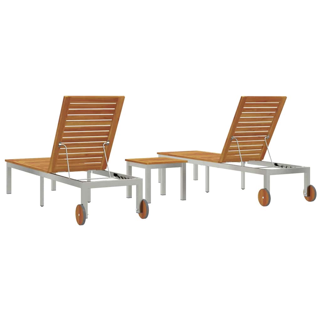 Tumbona 3 Pcs Marrón Madera De Acacia Sólida Y Acero Inoxidable