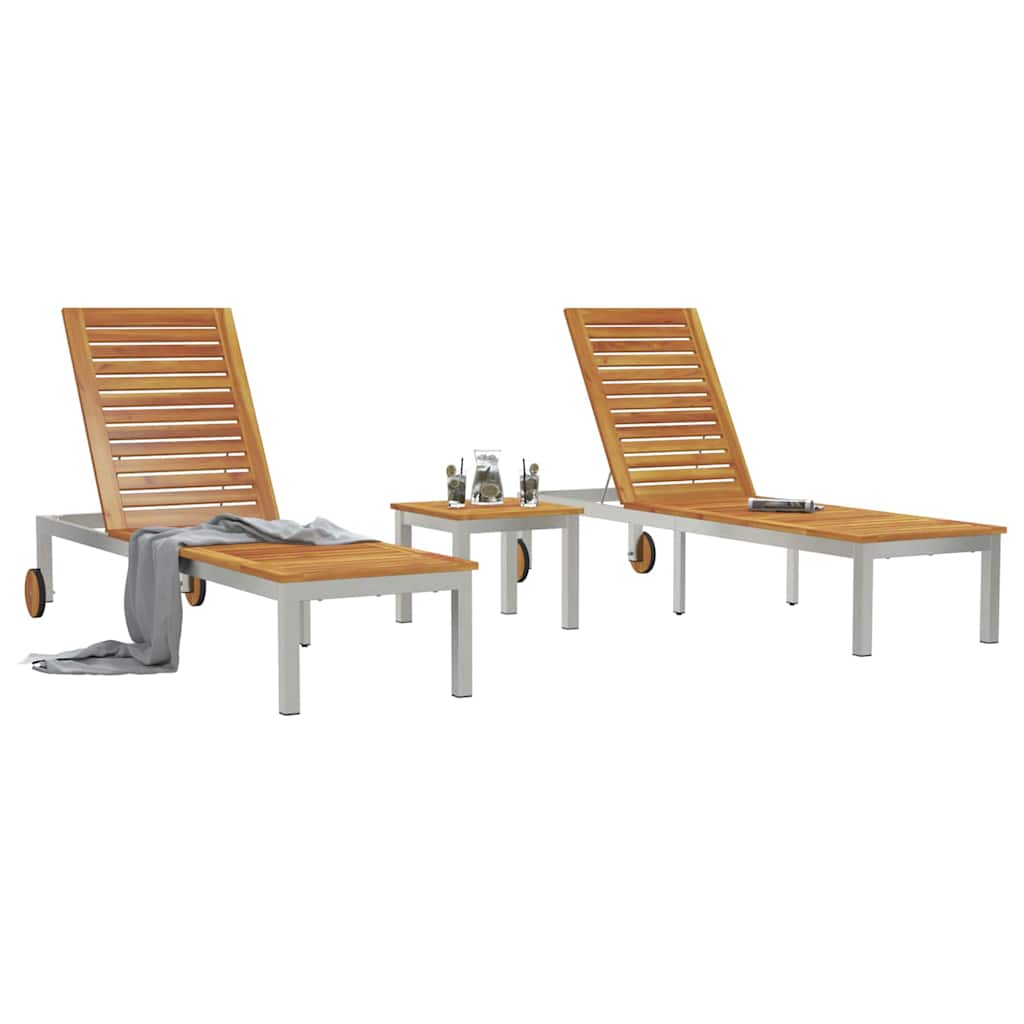 Tumbona 3 Pcs Marrón Madera De Acacia Sólida Y Acero Inoxidable