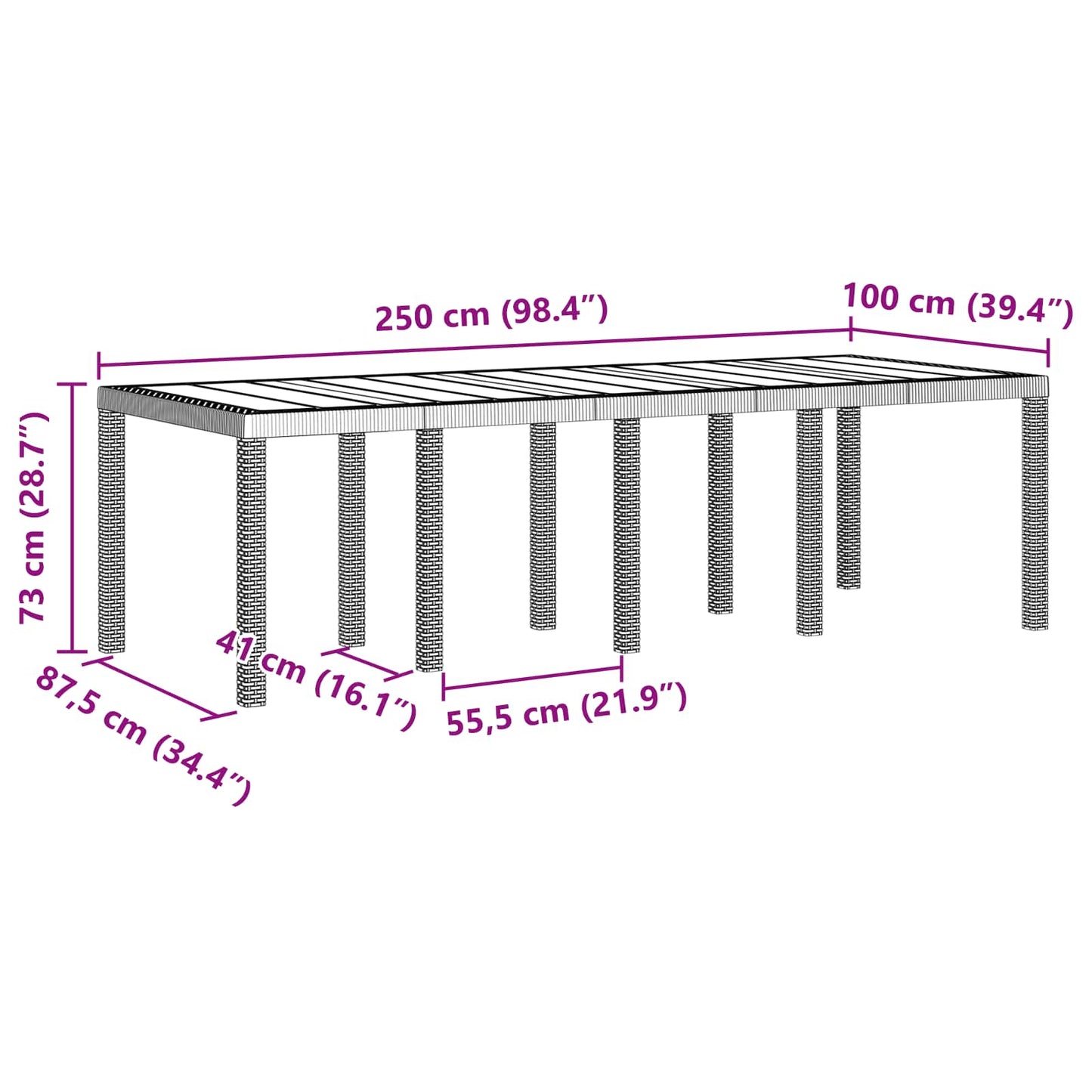 Mesa De Jardín 250 X 100 X 73 Cm Ratán Sintético