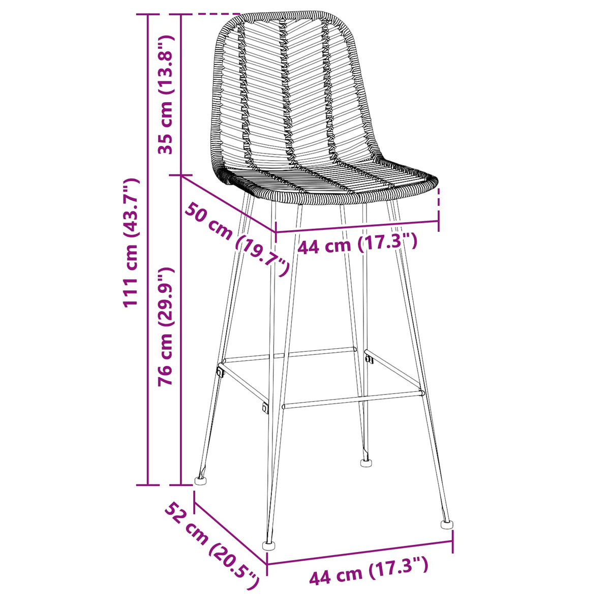 Silla De Bar 2 Uds. 44 X 53 X 111 Cm Ratan E Hierro