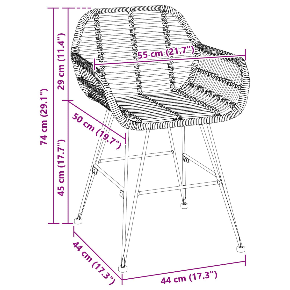 Silla De Comedor 2 Uds. Ratan E Hierro 55 X 50 X 74 Cm