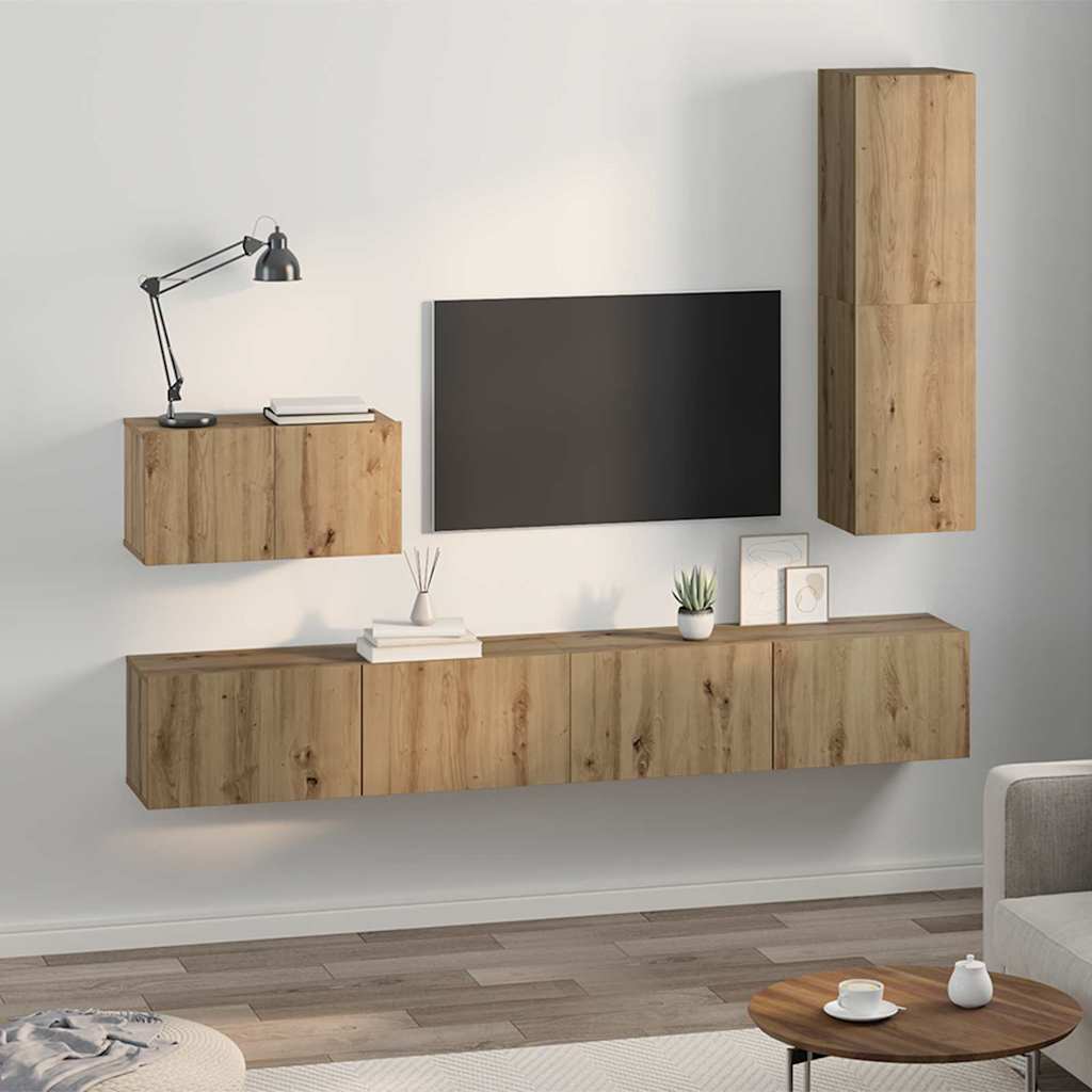 Mueble De Tv De Pared Montaje En La Pared 4 Pcs Roble Artesanal