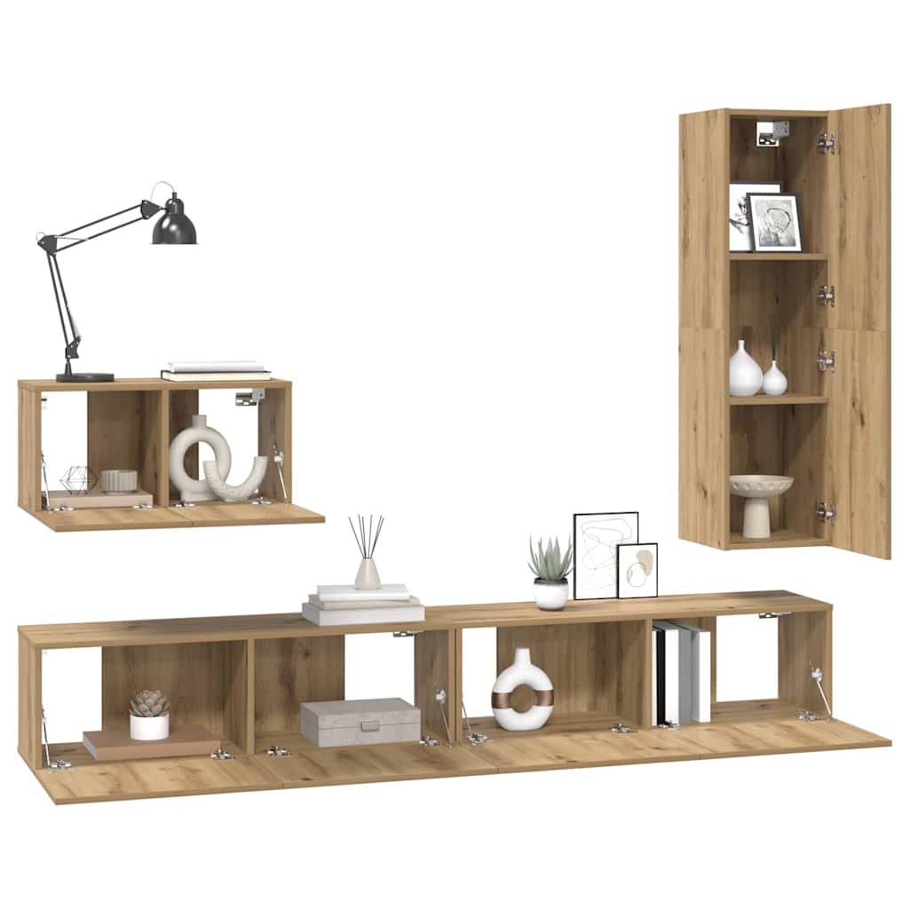 Conjunto De Mueble De Tv Con Cajón 4 Pcs Roble Artesanal