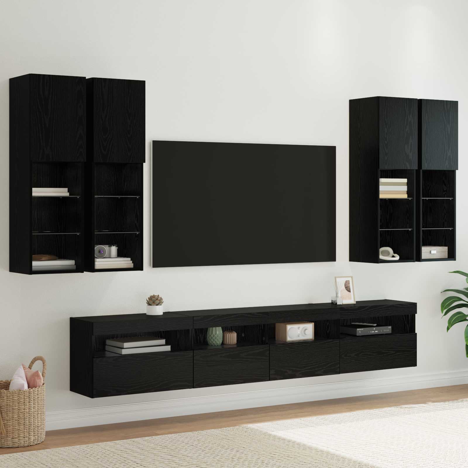 Conjunto De Mueble De Tv En La Pared Con Luces Led 7 Pcs