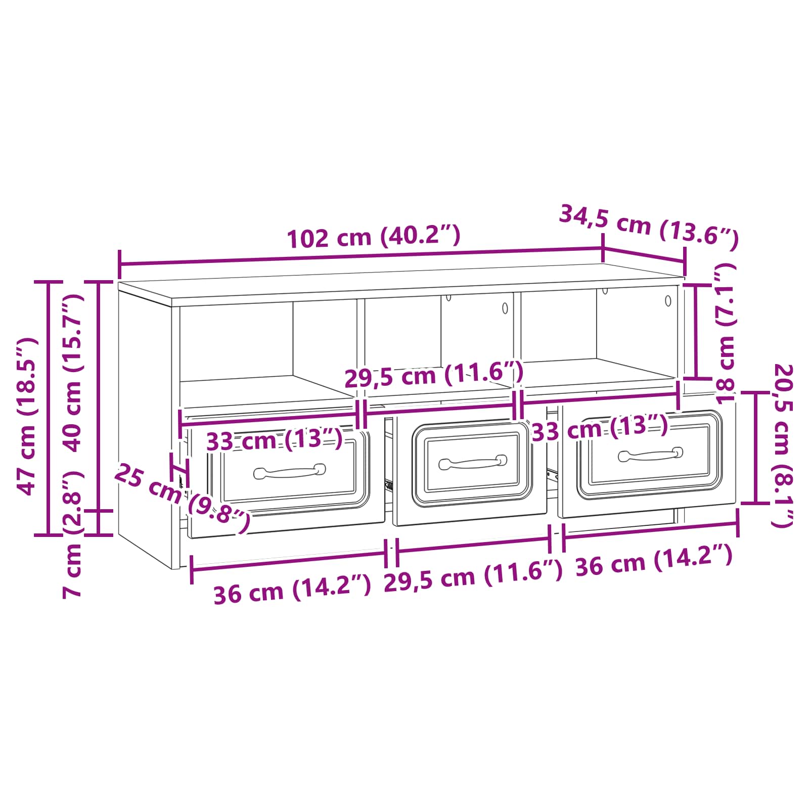 Mueble De Tv Con Cajón 102 X 34,5 X 47 Cm