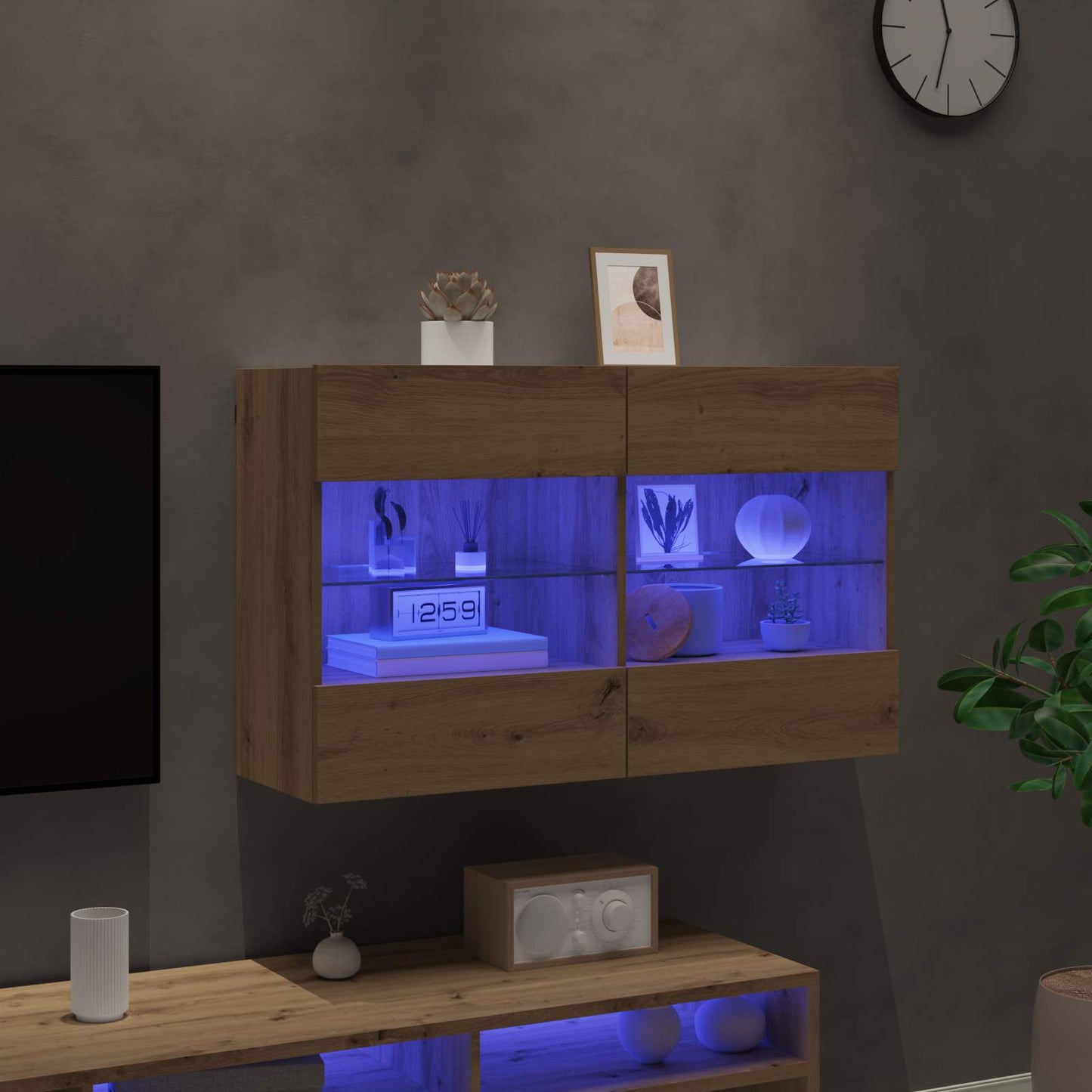 Mueble De Tv Montado En La Pared Con Led Roble Artesanal