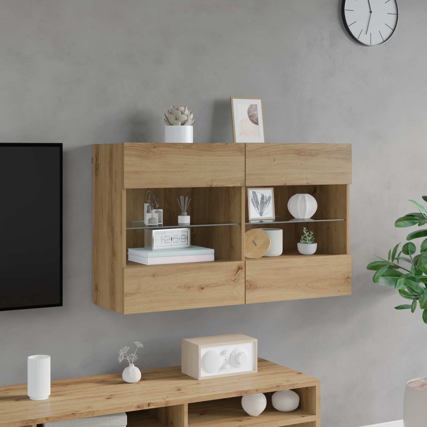 Mueble De Tv Montado En La Pared Con Led Roble Artesanal