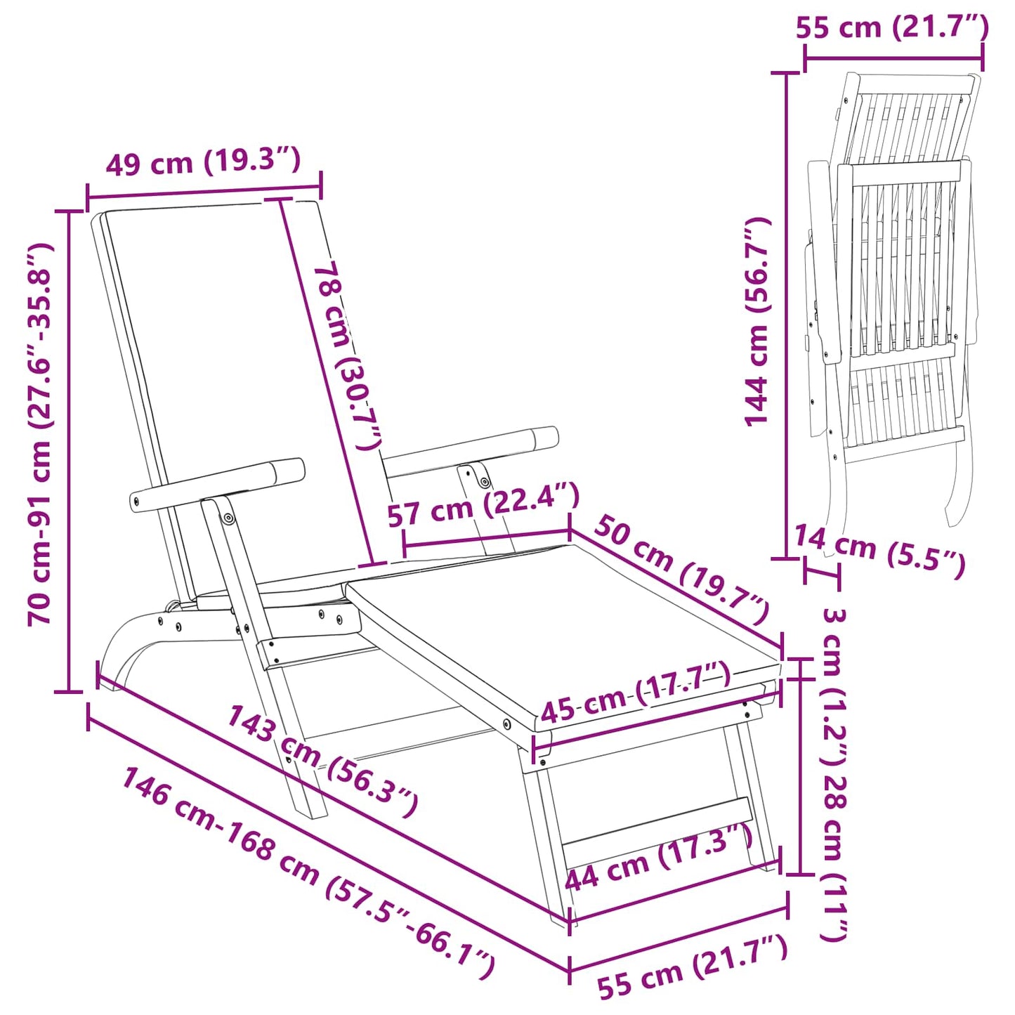 Recliner Y Tumbona Plegable 3 Pcs Madera De Acacia Sólida