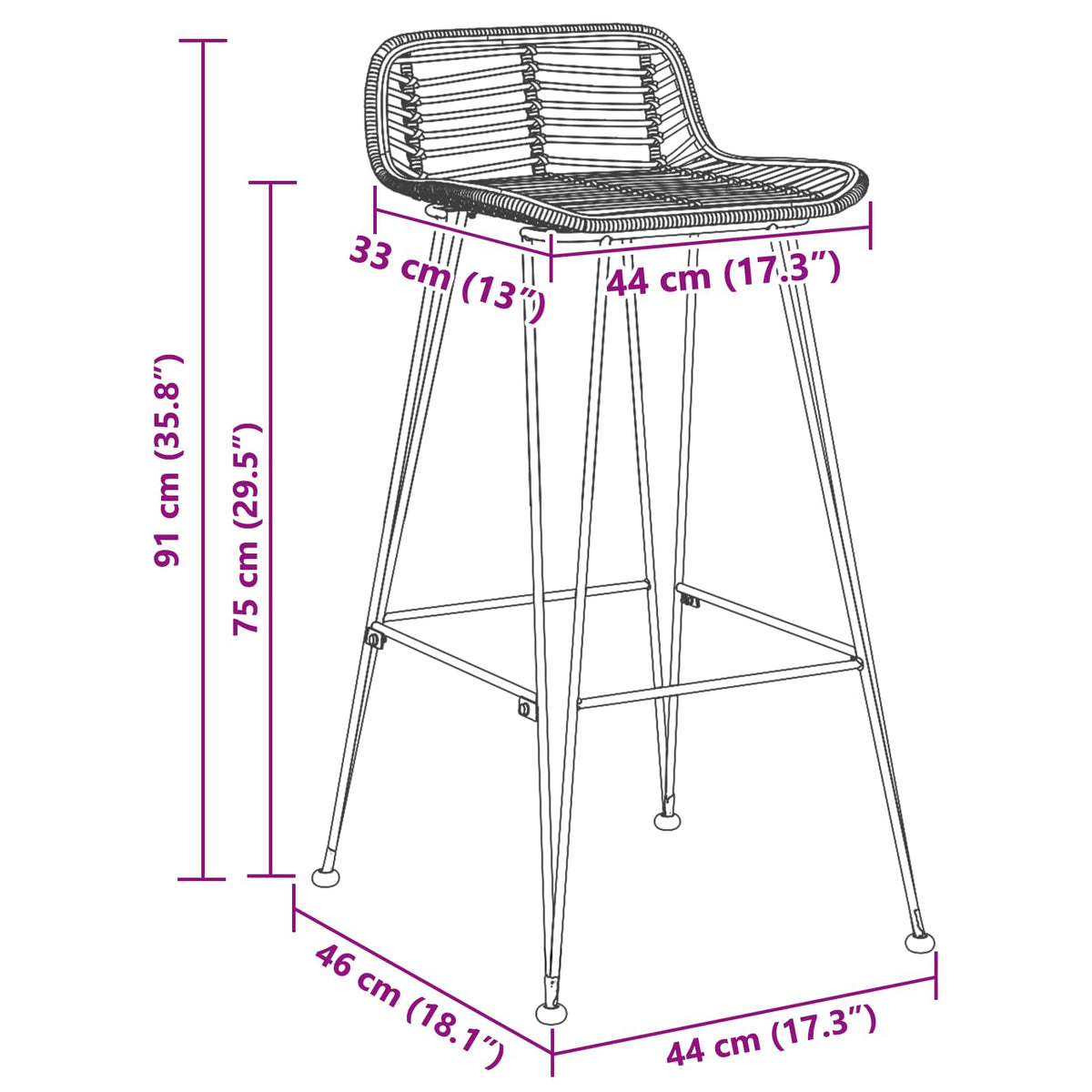 Silla De Bar 44 X 46 X 91 Cm Hierro Redondo De 10 Mm