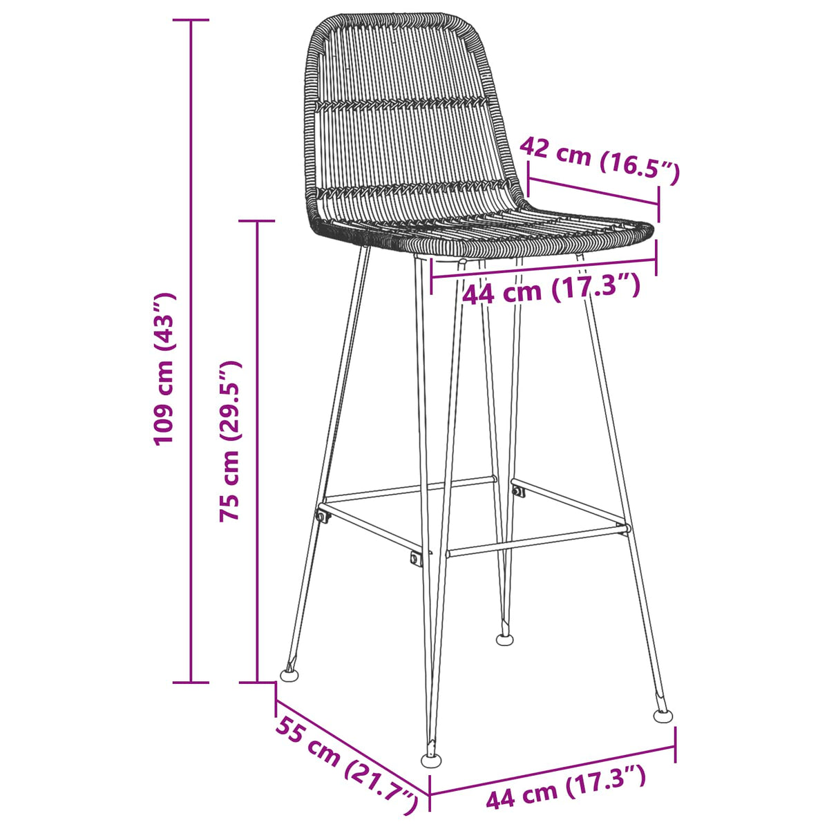 Taburete De Bar 2 Uds. 44 X 55 X 109 Cm Ratán Y Acero