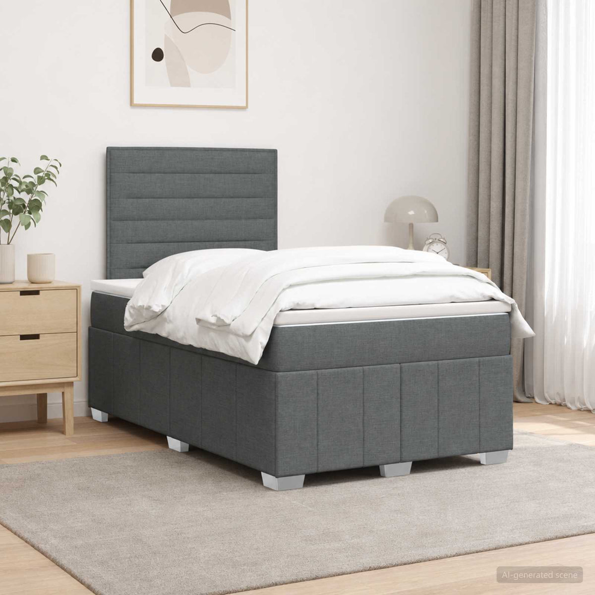 Cama Box Spring Con Colchón Tela Gris Taupe