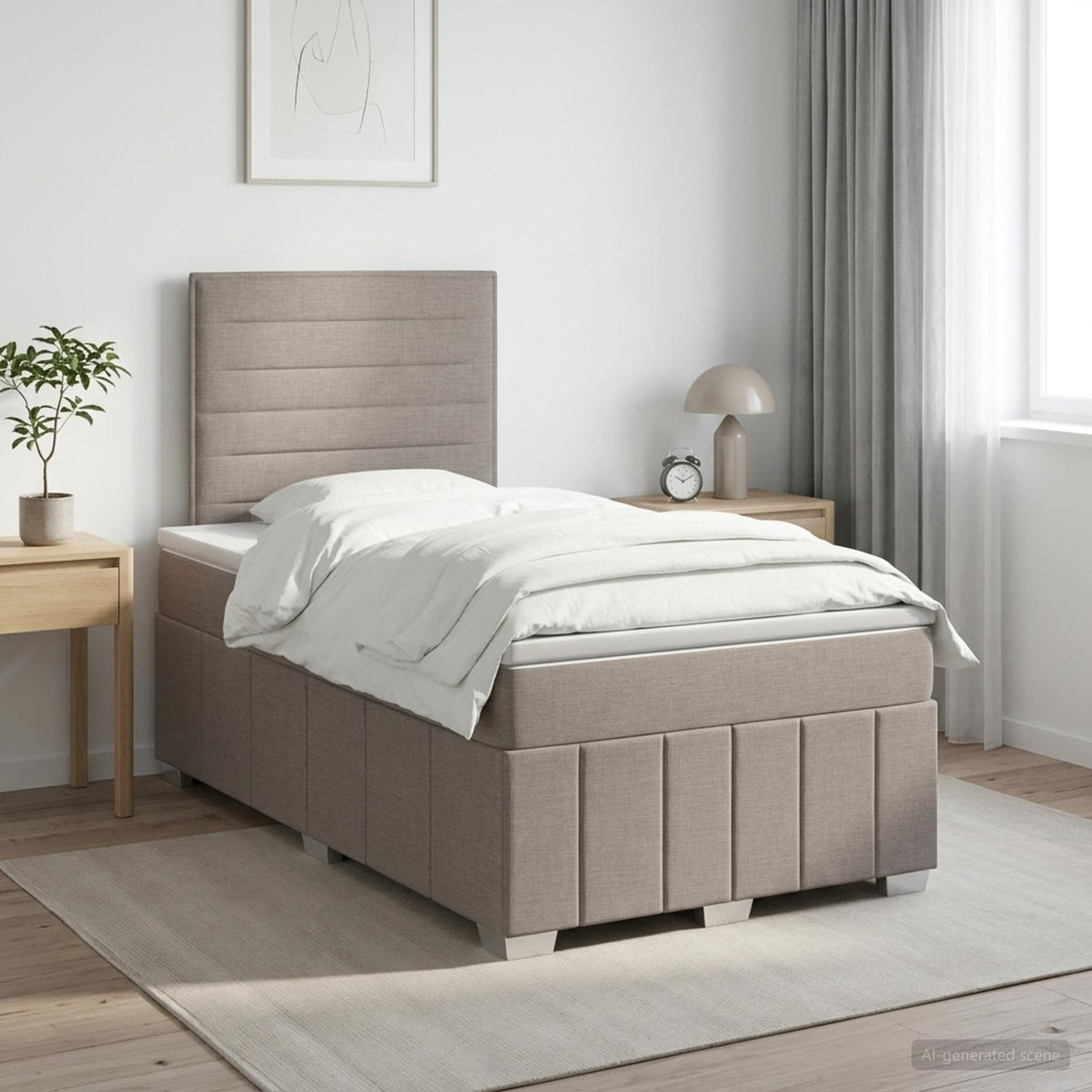 Cama Box Spring Con Colchón Tela Gris Taupe