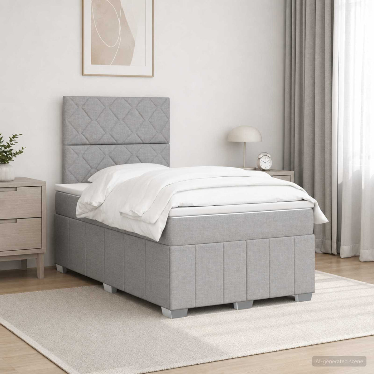 Cama Box Spring Con Colchón Tela Gris Taupe
