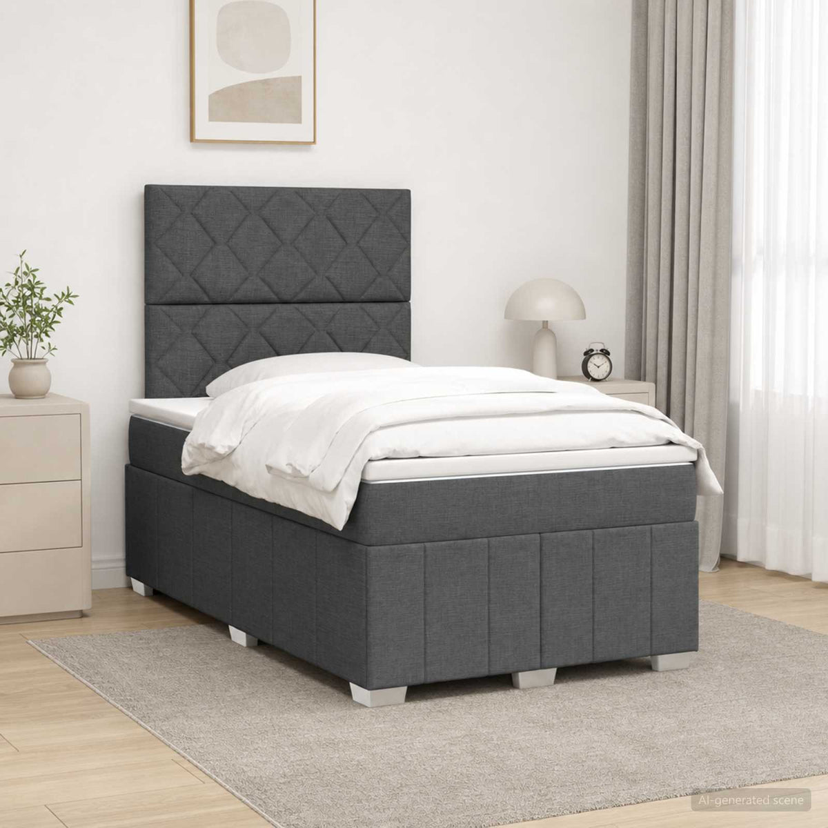Cama Box Spring Con Colchón Tela Gris Taupe
