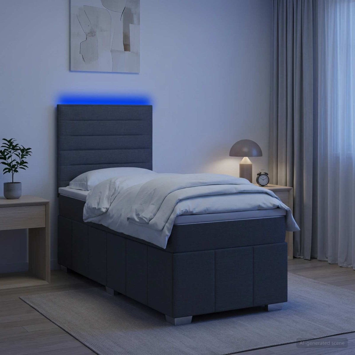 Cama Box Spring Con Colchón Tela Gris Taupe