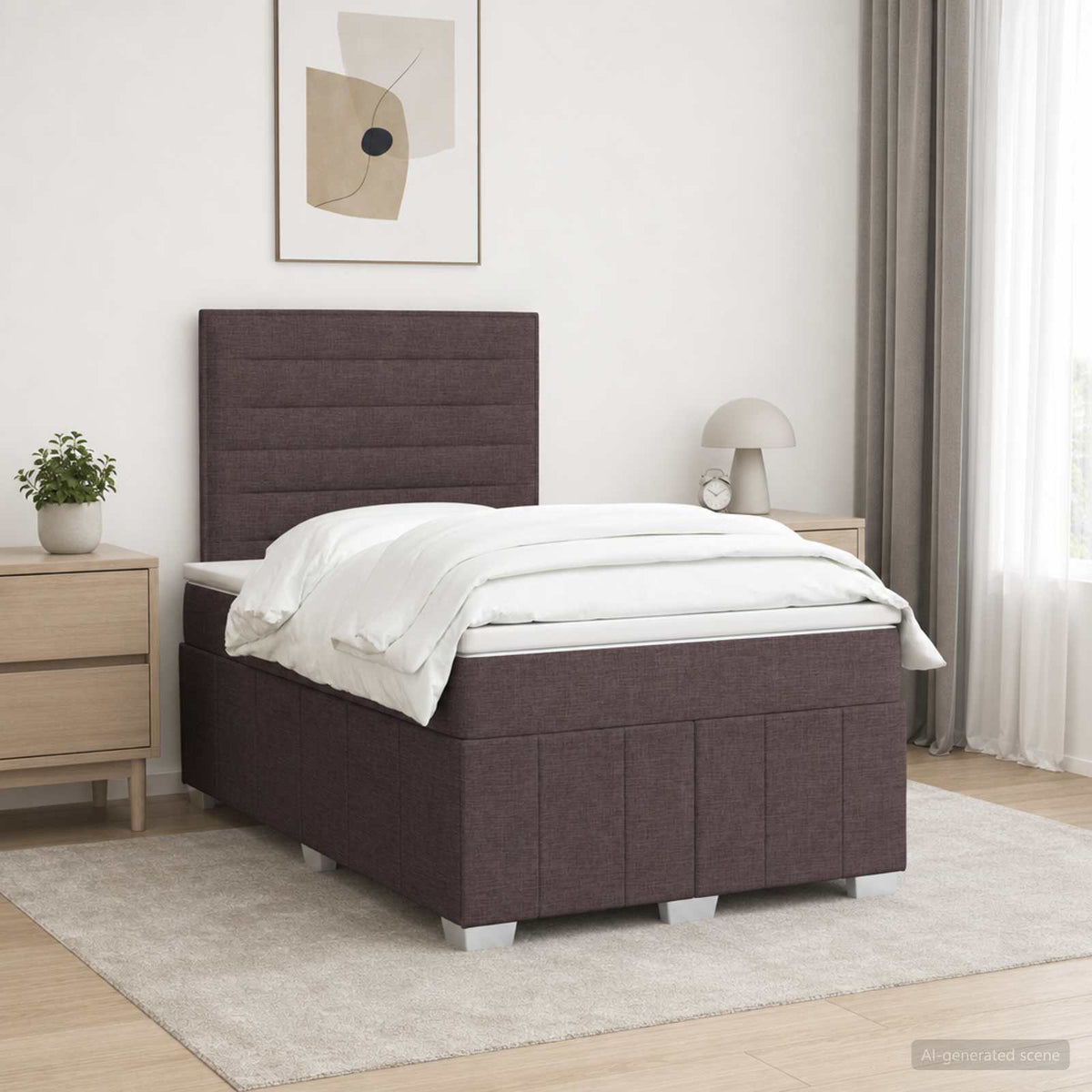 Cama Box Spring Con Colchón Tela Gris Taupe