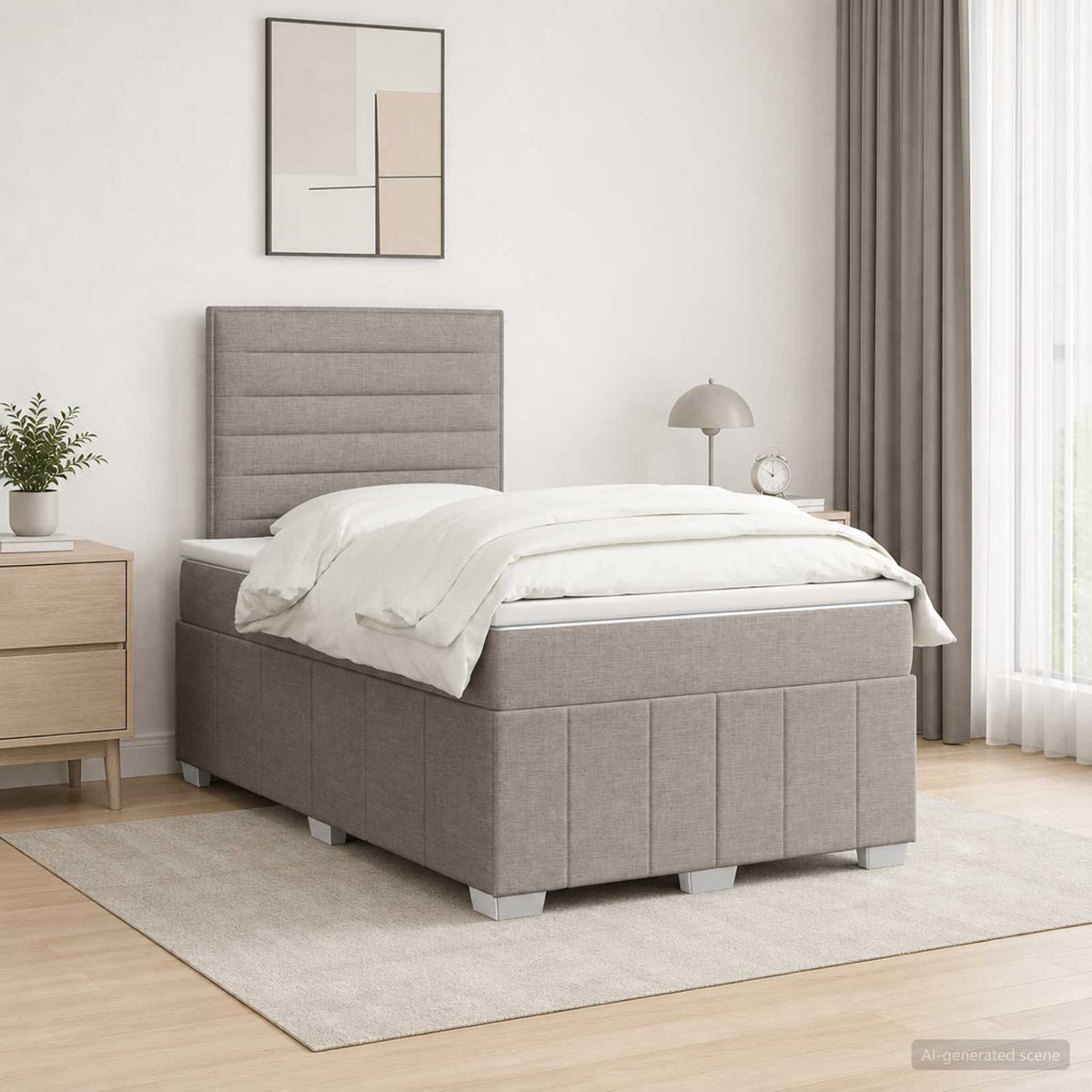 Cama Box Spring Con Colchón Tela Gris Taupe