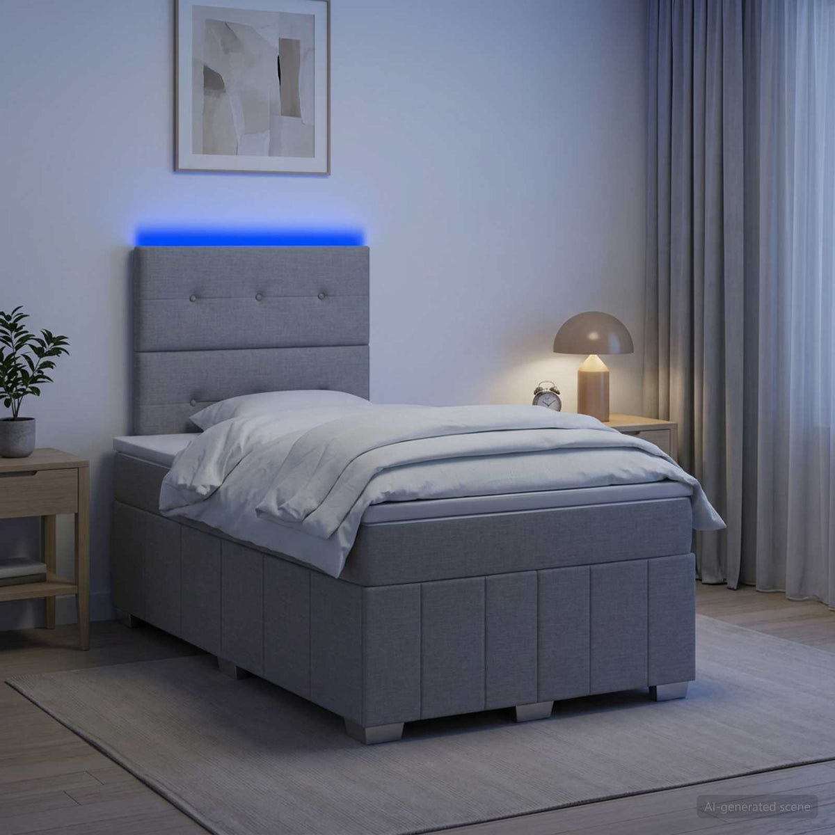 Cama Box Spring Con Colchón Tela Gris Taupe