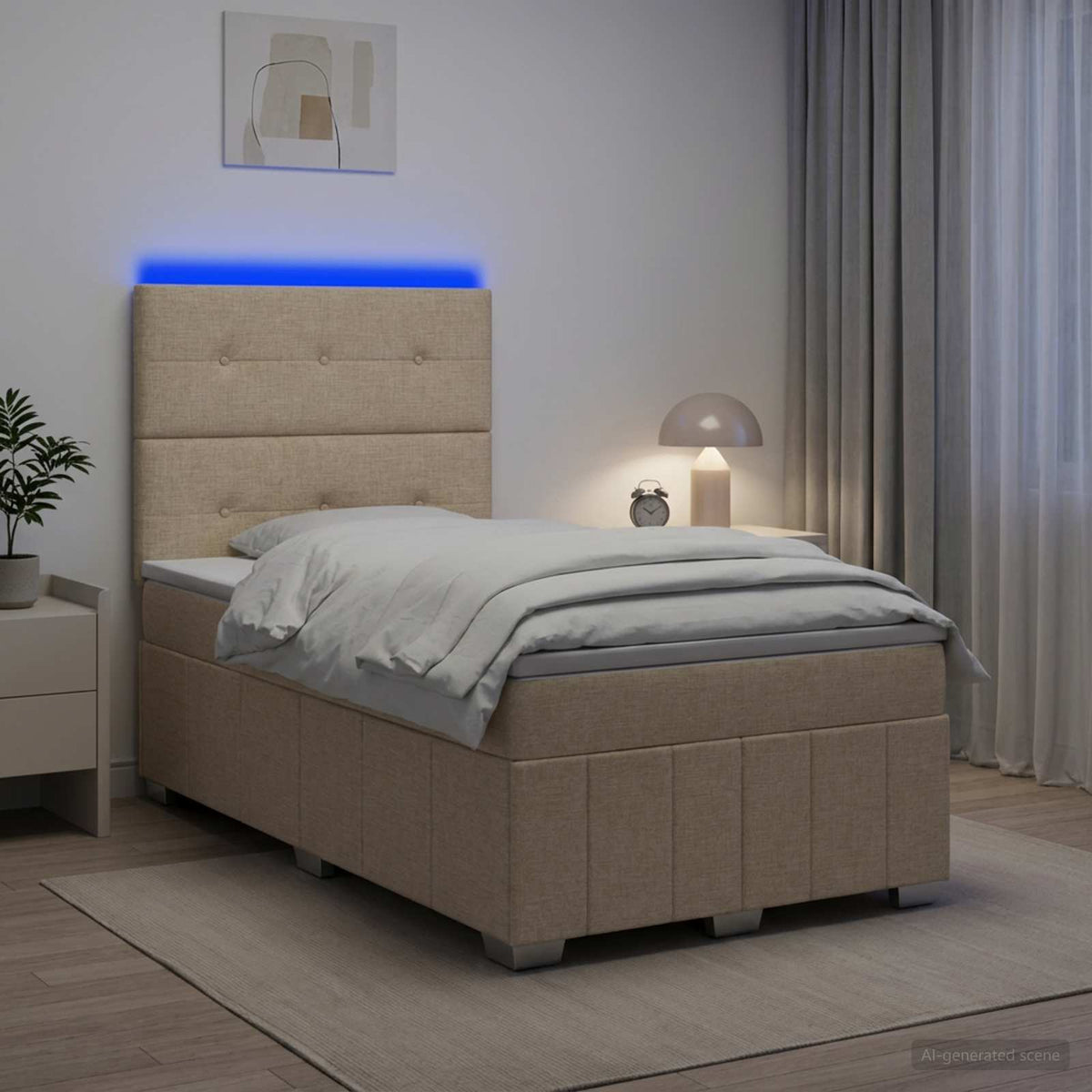 Cama Box Spring Con Colchón Tela Gris Taupe