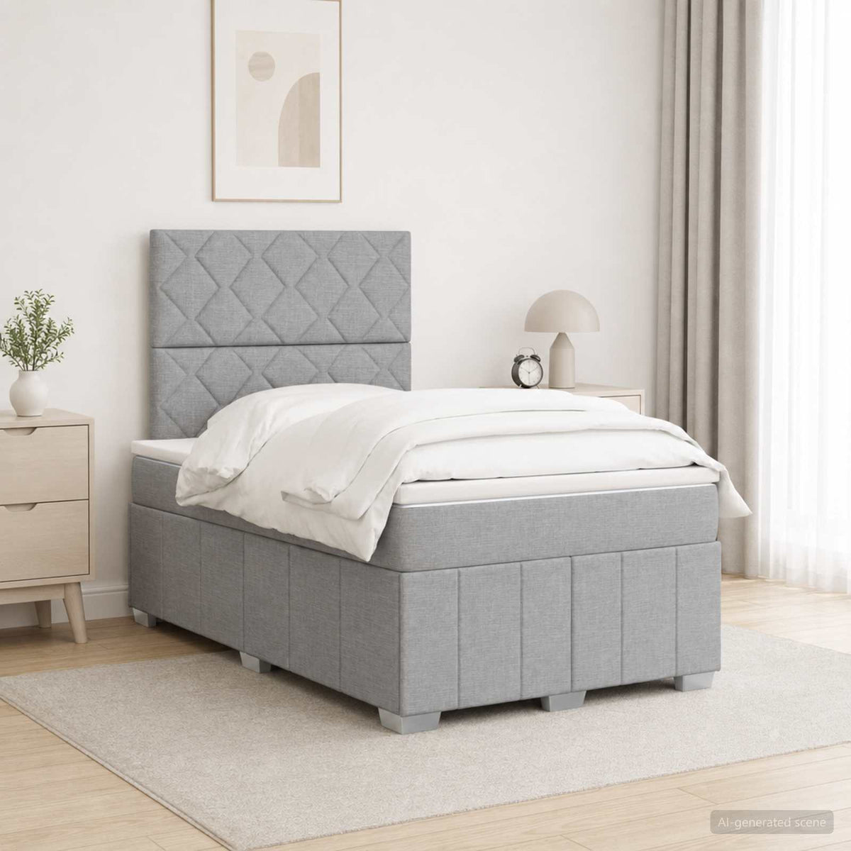 Cama Box Spring Con Colchón Tela Gris Taupe