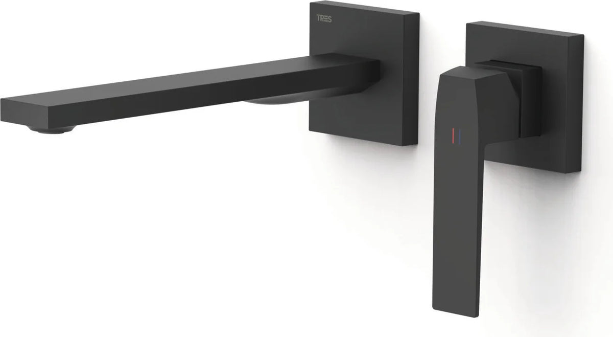 Parte exterior grifería empotrada mezclador lavabo mural Tres Slim Exclusive 20230022NM 2 agujeros 1 vía negro mate caño 240mm