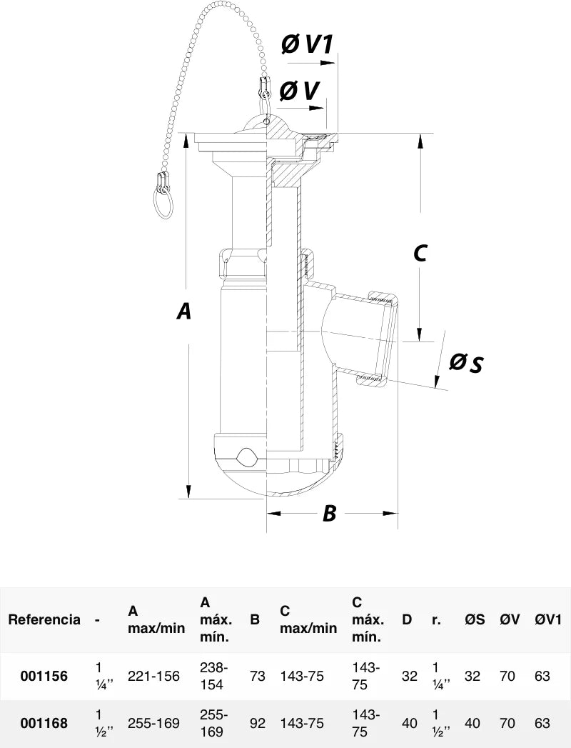 Sifón botella lateral Jimten lavabo/bidet 1 1/2" blanco Ø63mm con válvula desagüe S-61