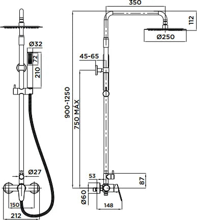 Columna de grifería para ducha monomando Stillo Zeus apariencia acero inoxidable rociador mural 2 vías Ø250mm