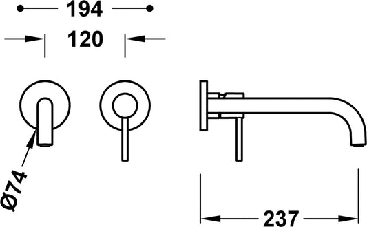 Parte exterior grifería empotrada mezclador lavabo mural Tres Study Exclusive 26230022 2 agujeros 1 vía cromo caño 237mm