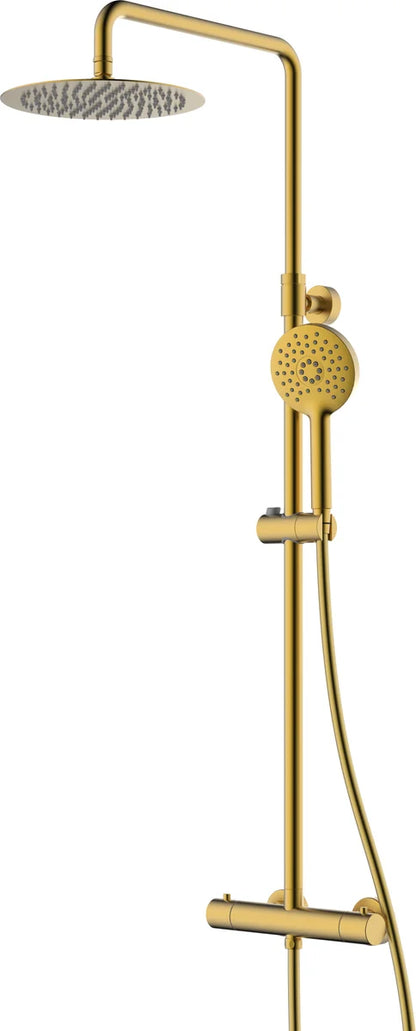 Columna de grifería para ducha termostático Stillo Hades oro rociador mural 2 vías Ø250mm maneral de 3 funciones