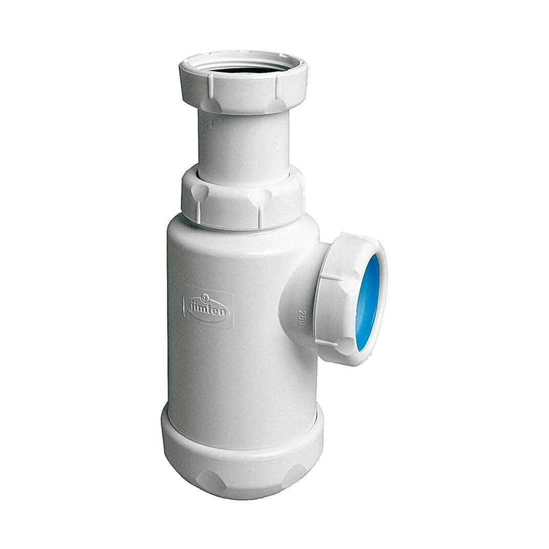 Sifón tipo botella con salida horizontal en color blanco modelo Jimten S-65 de Ø40 mm