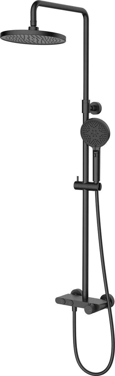 Columna de grifería para ducha termostático Stillo Hades negro rociador mural 2 vías Ø250mm maneral de 3 funciones moleteado, con repisa