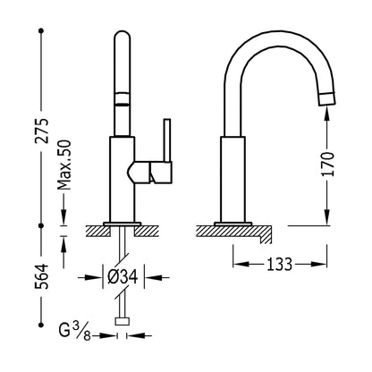 Grifería de lavabo alta Tres Study Exclusive maneta lateral Cold-Tres negro cepillado con aireador