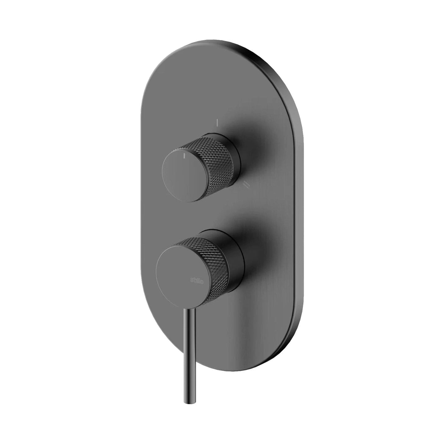 Mezclador monomando empotrado Stillo Hades Gun Metal con mandos redondos moleteados y placa circular diseño industrial premium