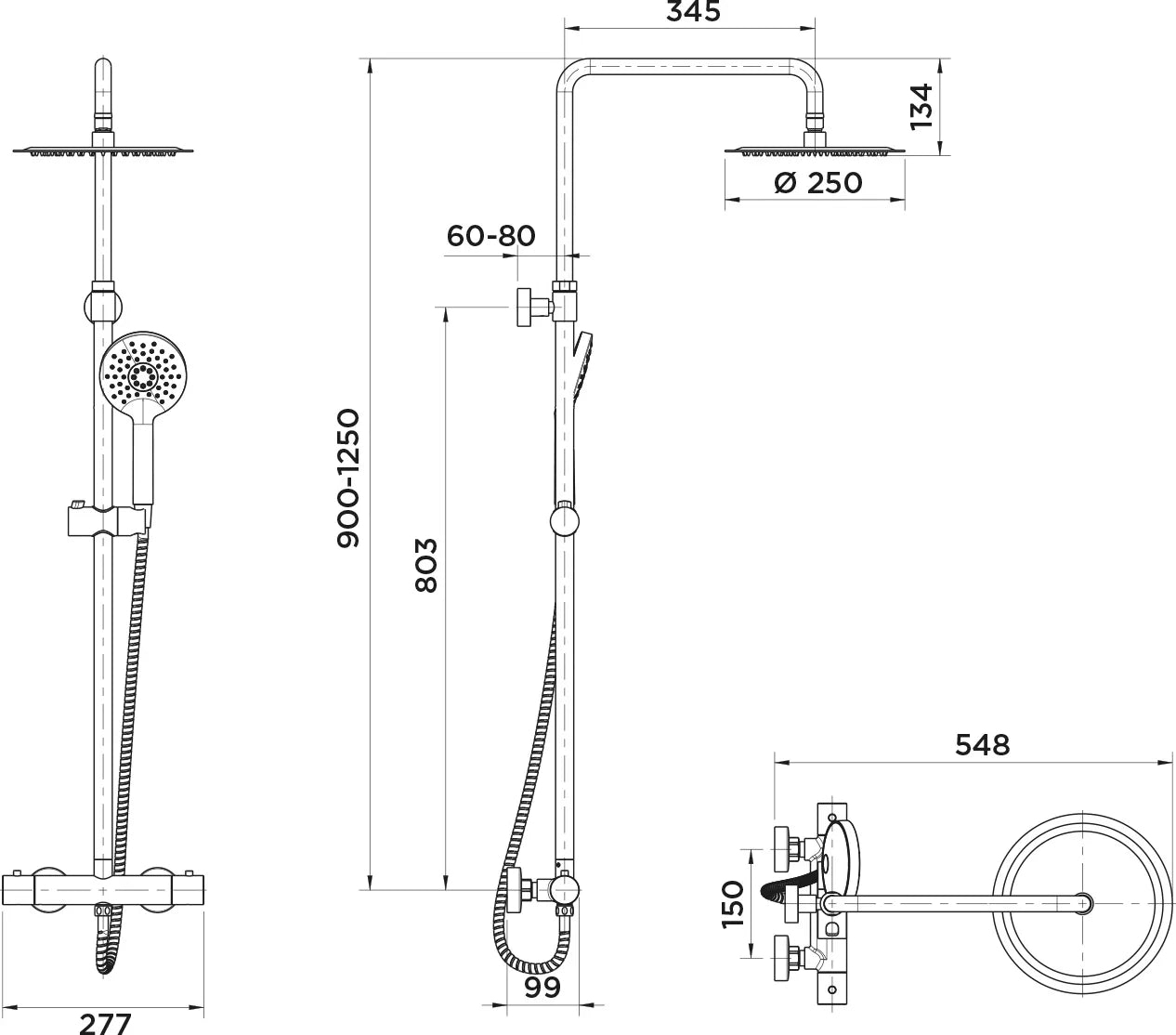 Columna de grifería para ducha termostático Stillo Hades cromo rociador mural 2 vías Ø250mm maneral de 3 funciones
