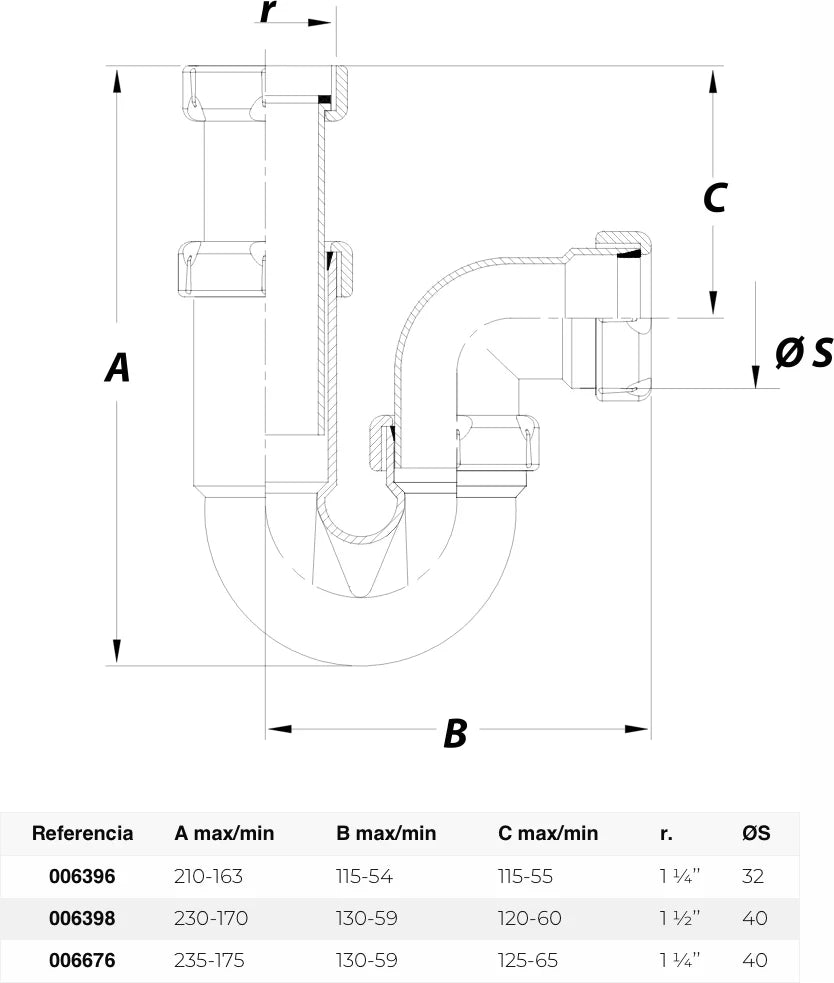 Sifón P horizontal Jimten lavabo 1 1/2" cromo Ø40mm S-181