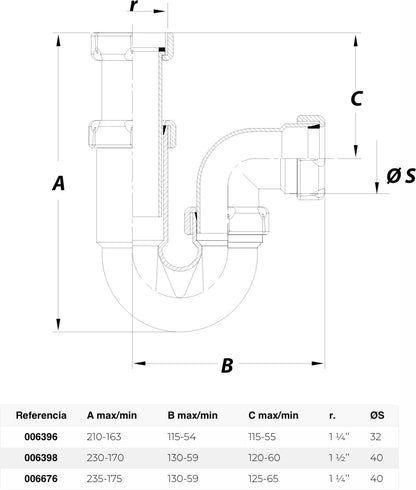 Sifón P horizontal Jimten lavabo 1 1/2" cromo Ø40mm S-181