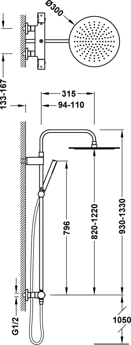 Columna de grifería para ducha termostático Tres Max-Tres negro/bronce rociador mural 2 vías Ø300mm