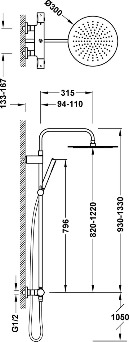 Columna de grifería para ducha termostático Tres Max-Tres cromo rociador mural 2 vías Ø300mm